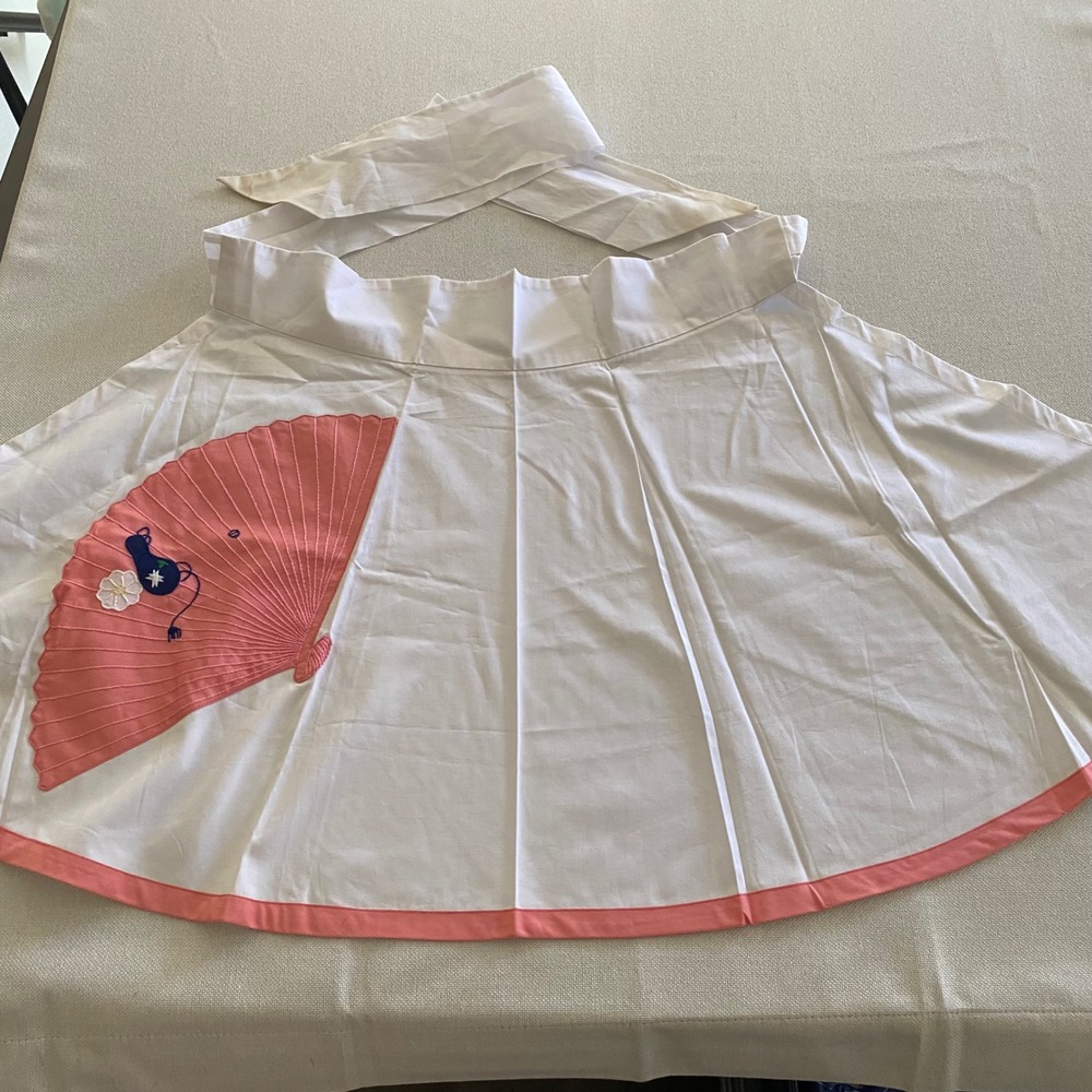 Vintage Okinawa Hand Appliqued Fan Half Apron White Pink‎ Embroidered Cotton